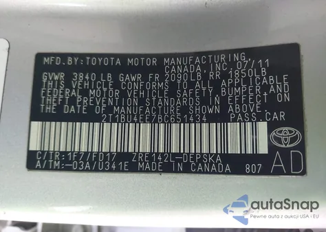 2011 Toyota Corolla S from USA, damaged, VIN 2T1BU4EE7BC651434